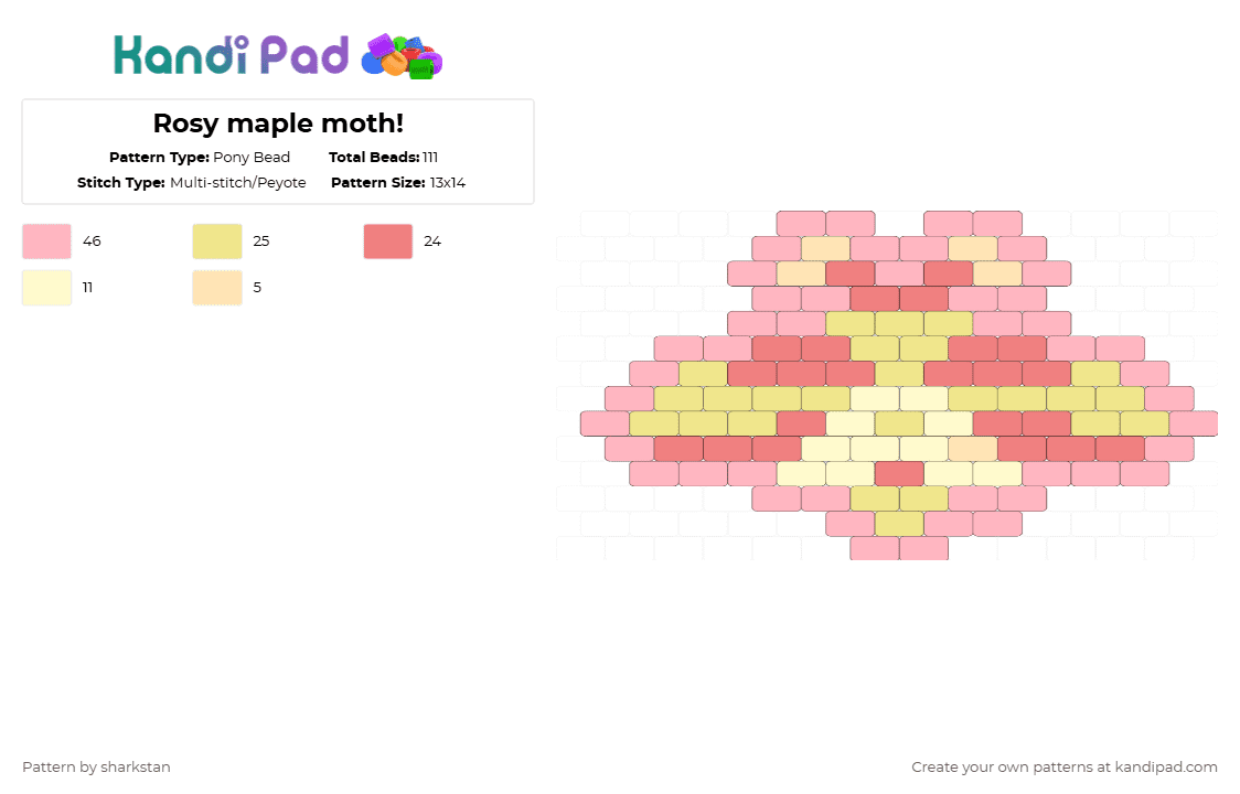 Rosy maple moth! - Pony Bead Pattern by sharkstan on Kandi Pad - pink, yellow