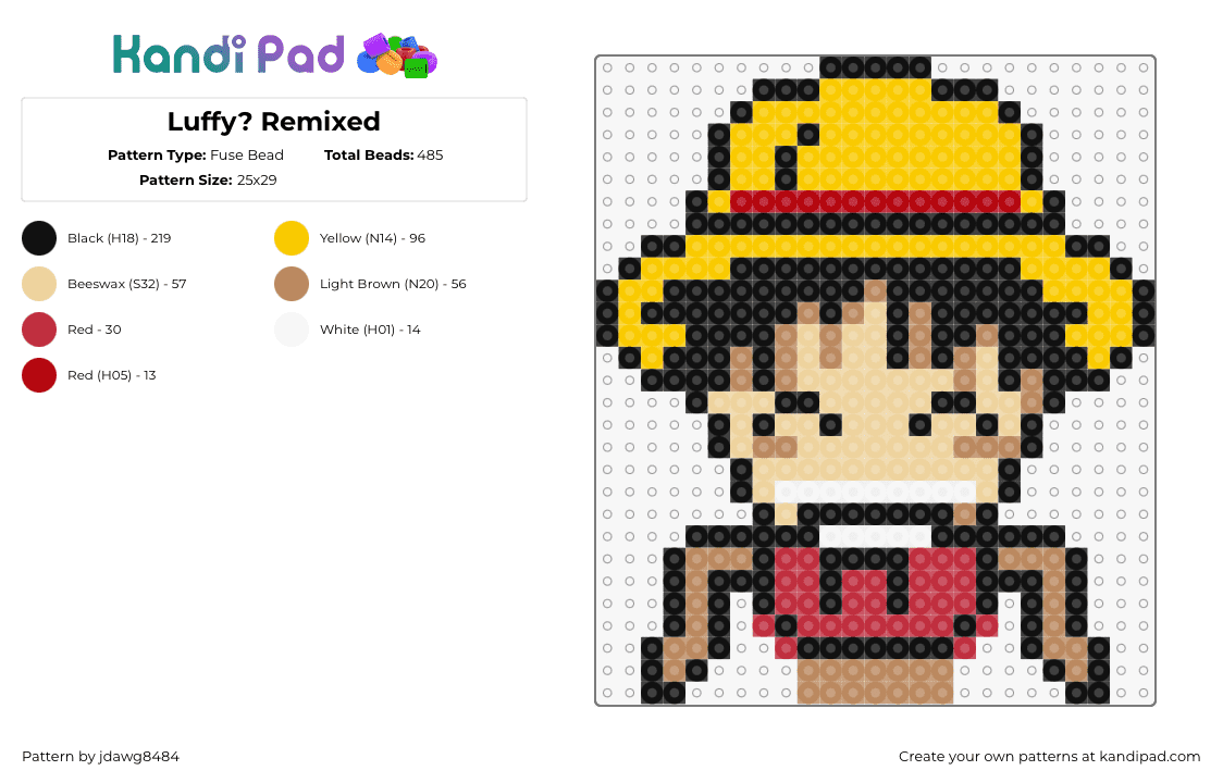 Luffy? Remixed - Fuse Bead Pattern by jdawg8484 on Kandi Pad - monkey d luffy,one piece,character,anime,tv show,yellow,tan,red