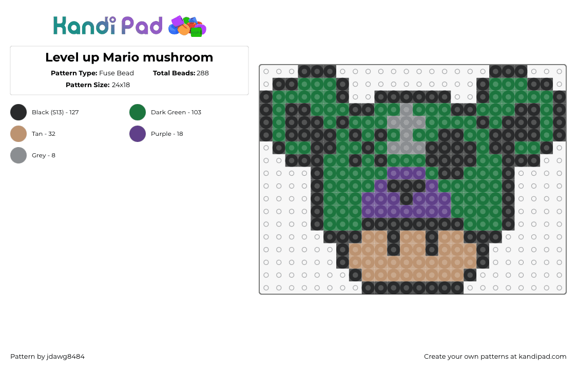 Level up Mario mushroom - Fuse Bead Pattern by jdawg8484 on Kandi Pad - level up,mushroom,mashup,dj,music,edm,teddy,green,tan