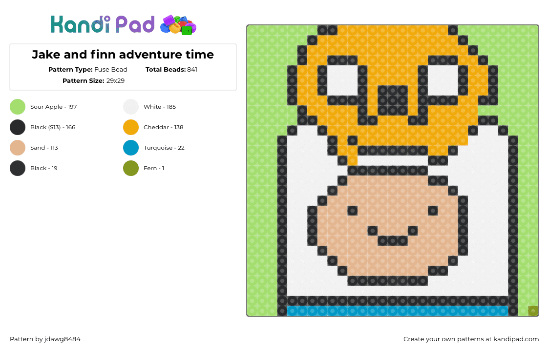 Jake and finn adventure time - Fuse Bead Pattern by jdawg8484 on Kandi Pad - jake,finn,adventure time,characters,cartoon,tv show,panel,smile,green,yellow,white,tan