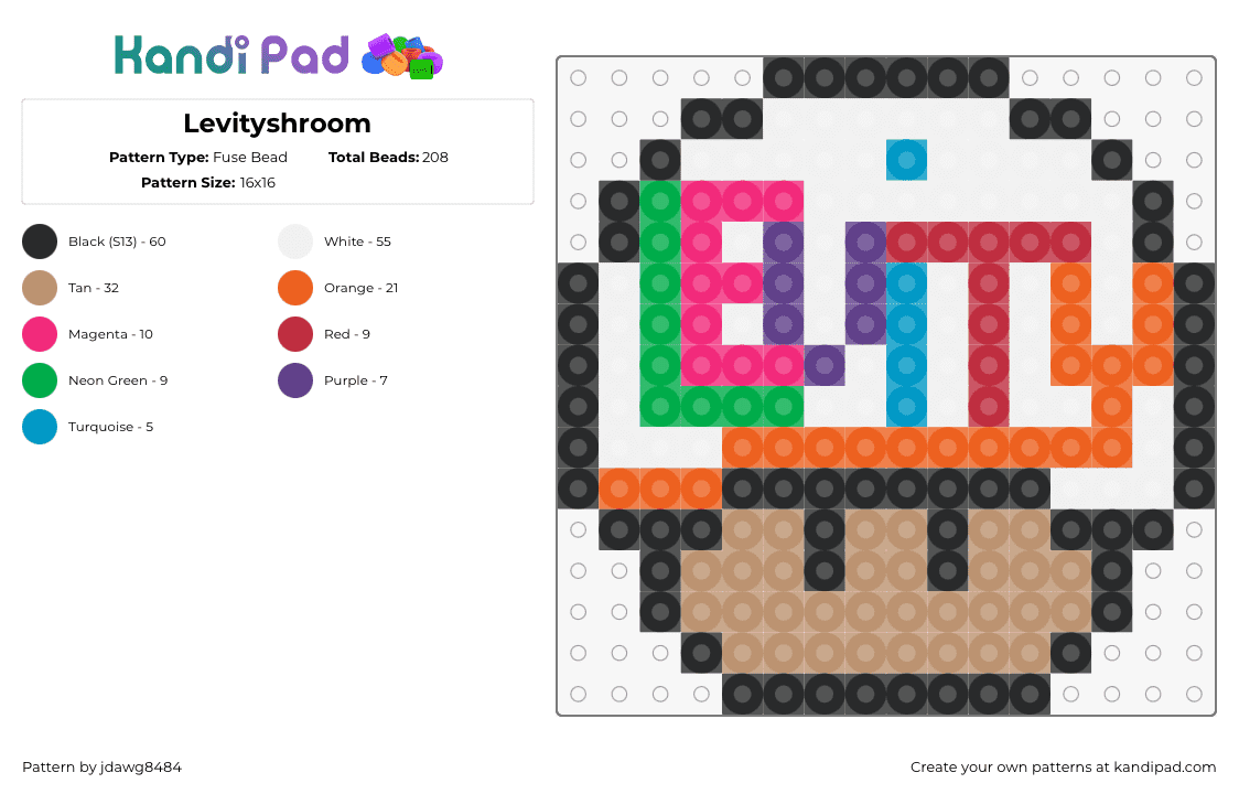 Levityshroom - Fuse Bead Pattern by jdawg8484 on Kandi Pad - levity,mushroom,mashup,mario,dj,music,edm,colorful,tan,white