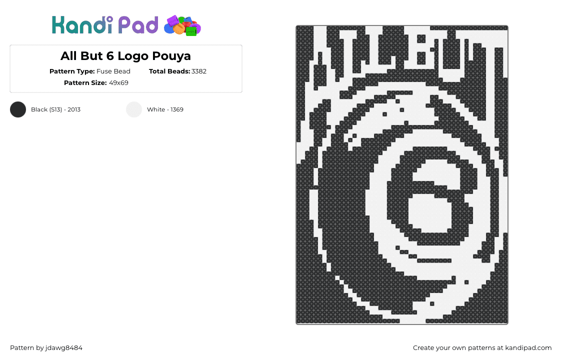 All But 6 Logo Pouya - Fuse Bead Pattern by jdawg8484 on Kandi Pad - all but 6,logo,label,music,pouya,panel,black,white