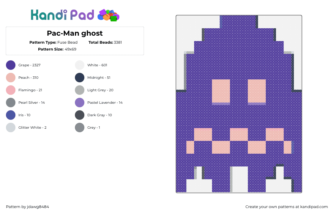 Pac-Man ghost - Fuse Bead Pattern by jdawg8484 on Kandi Pad - ghost,pacman,arcade,retro,video game,namco,purple
