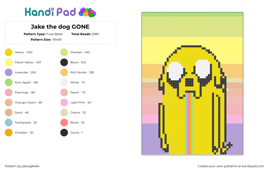 Jake the dog GONE - Fuse Bead Pattern by jdawg8484 on Kandi Pad - jake,adventure time,trippy,dog,cartoon,tv show,character,portrait,colorful,pastel,gradient,panel,yellow,purple