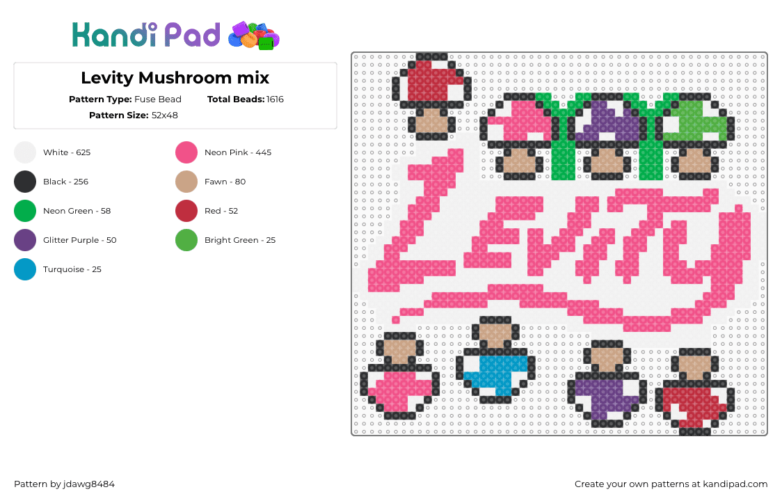 Levity Mushroom mix - Fuse Bead Pattern by jdawg8484 on Kandi Pad - levity,mushrooms,dj,logo,psychedelic,music,edm,colorful,pink,purple,green