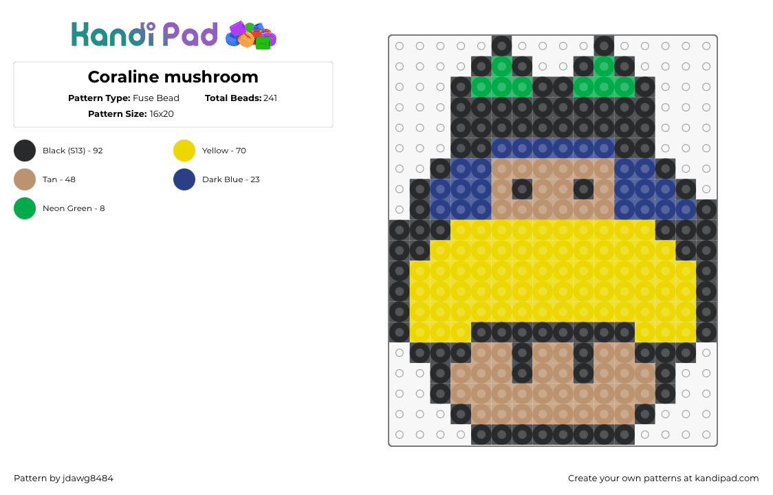 Coraline mushroom - Fuse Bead Pattern by jdawg8484 on Kandi Pad - coraline,mushroom,mashup,mario,movie,yellow,tan