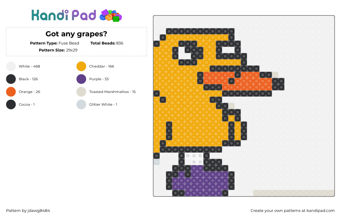 Got any grapes? - Fuse Bead Pattern by jdawg8484 on Kandi Pad - duck,grapes,nostalgia,silly,animal,animation,music,song,yellow