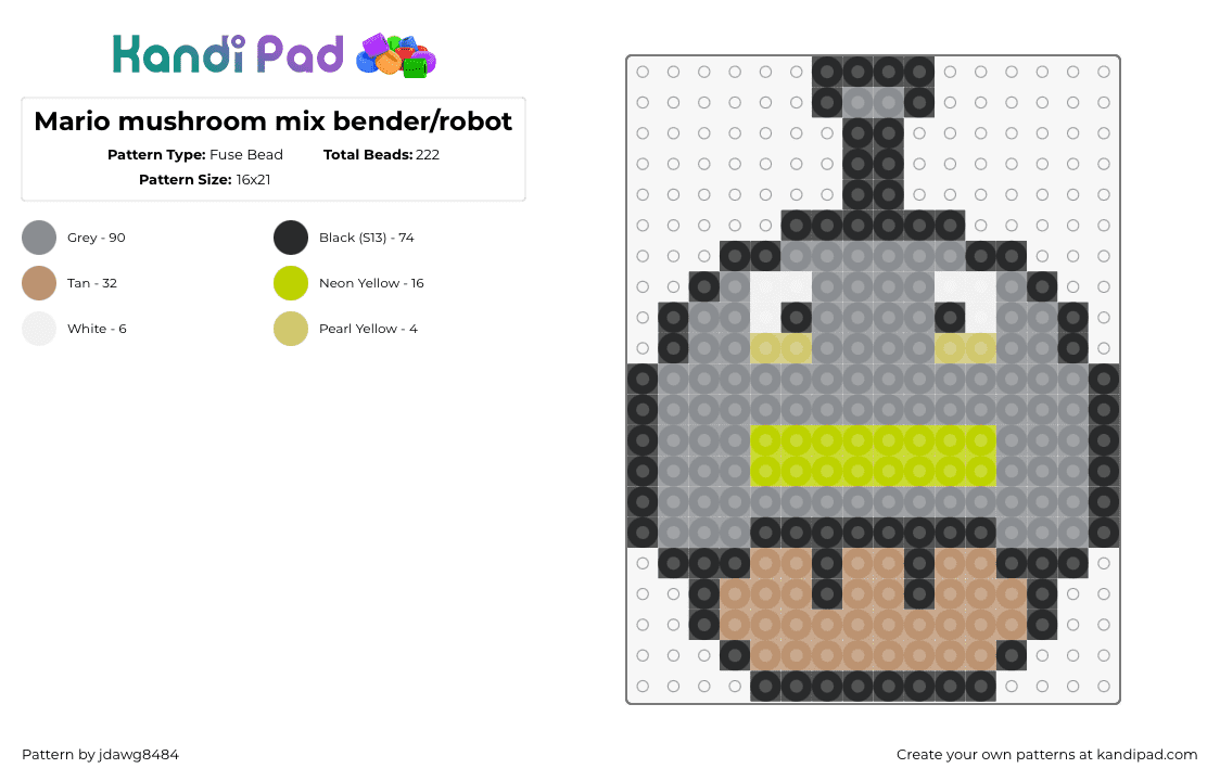 Mario mushroom mix bender/robot - Fuse Bead Pattern by jdawg8484 on Kandi Pad - bender,futurama,mashup,mushroom,robot,gray,tan