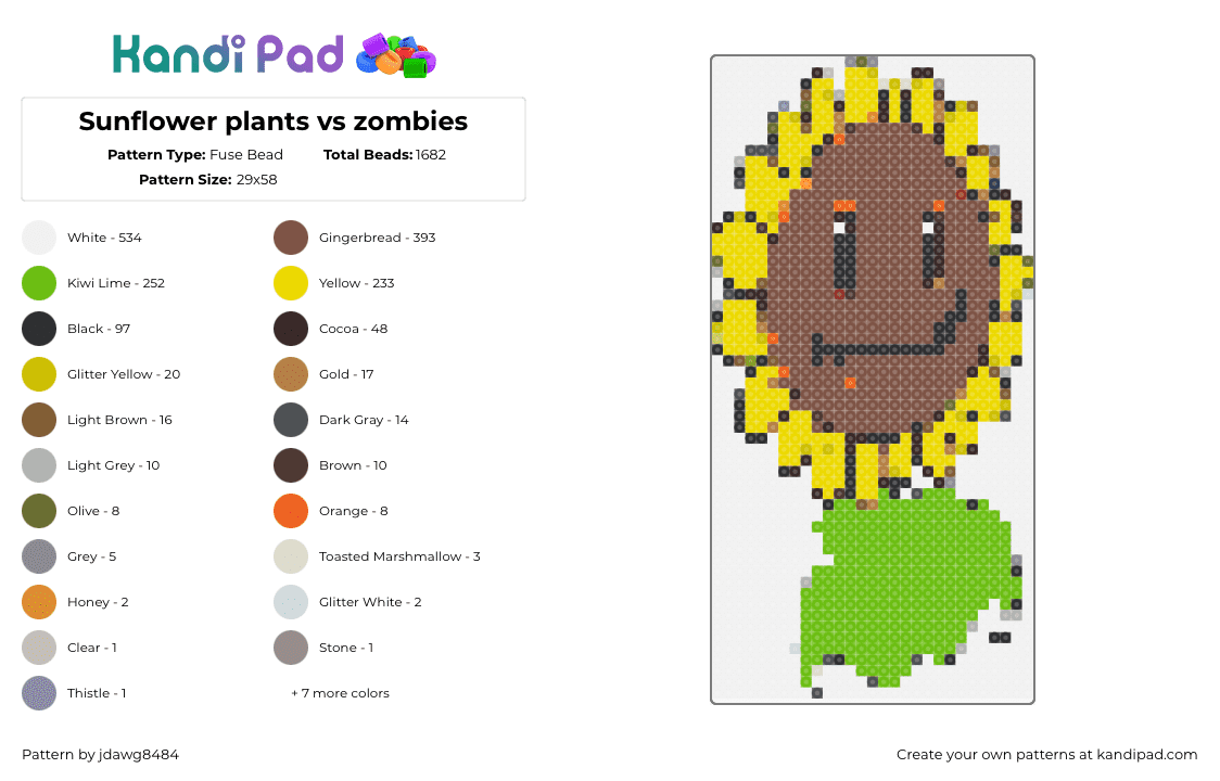 Sunflower plants vs zombies - Fuse Bead Pattern by jdawg8484 on Kandi Pad - 