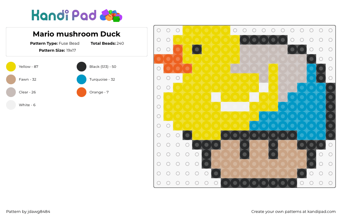 Mario mushroom Duck - Fuse Bead Pattern by jdawg8484 on Kandi Pad - ducky,mushroom,mario,animal,yellow,teal,tan