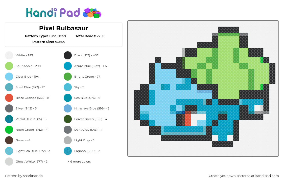 Pixel Bulbasaur - Fuse Bead Pattern by sharknando on Kandi Pad - bulbasaur,pokemon,character,gaming,starter,blue,green,teal