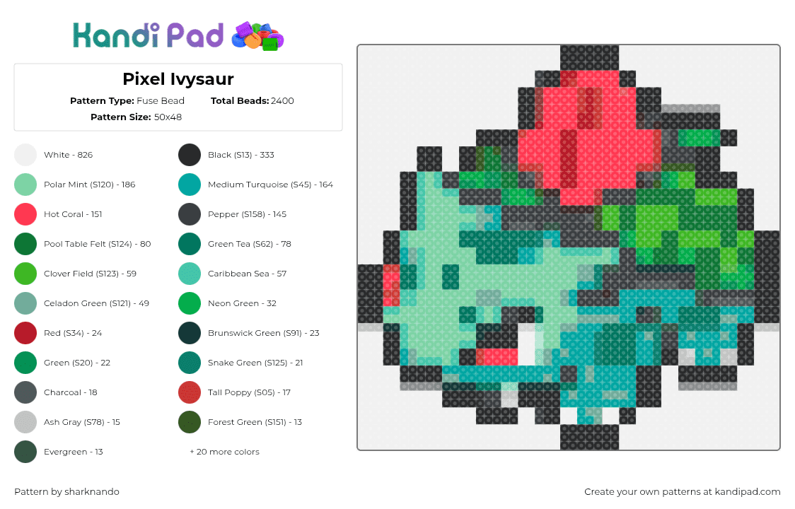 Pixel Ivysaur - Fuse Bead Pattern by sharknando on Kandi Pad - ivysaur,pokemon,character,gaming,evolution,bulbasaur,green,teal,red