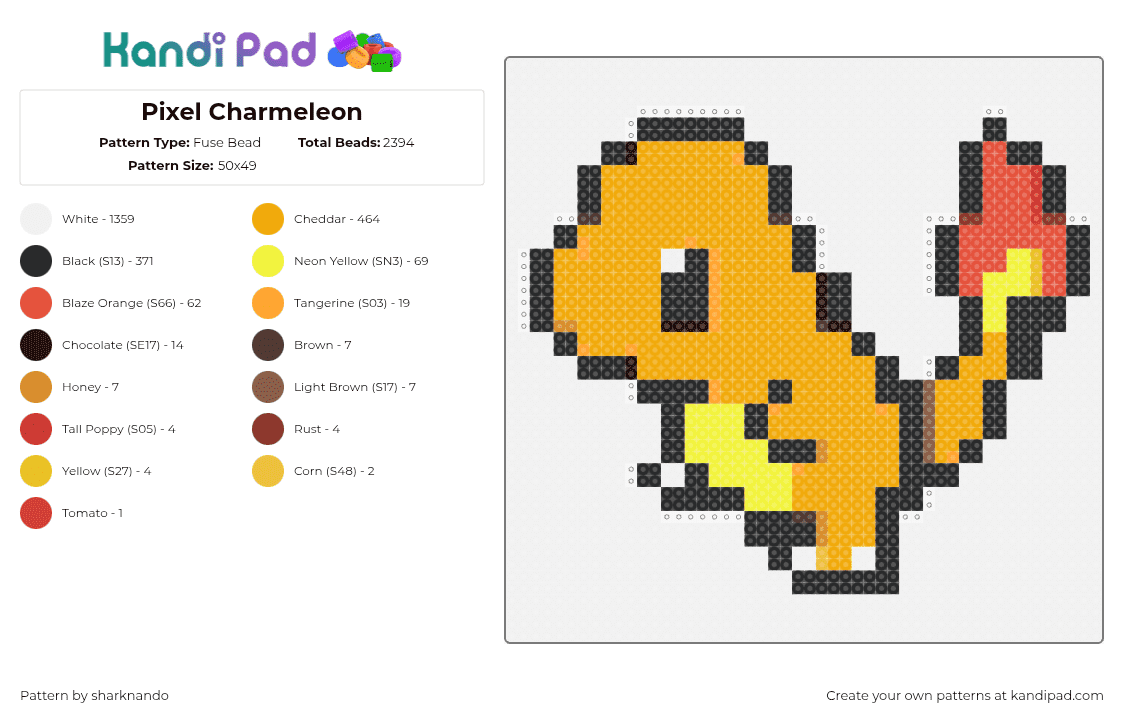 Pixel Charmeleon - Fuse Bead Pattern by sharknando on Kandi Pad - charmander,pokemon,character,gaming,starter,flame,cute,orange