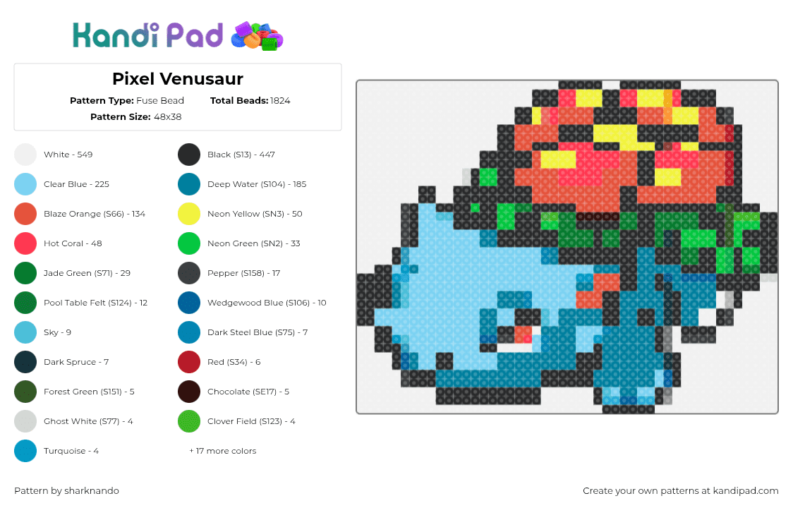 Pixel Venusaur - Fuse Bead Pattern by sharknando on Kandi Pad - venusaur,pokemon,character,gaming,evolution,bulbasaur,green,blue,orange