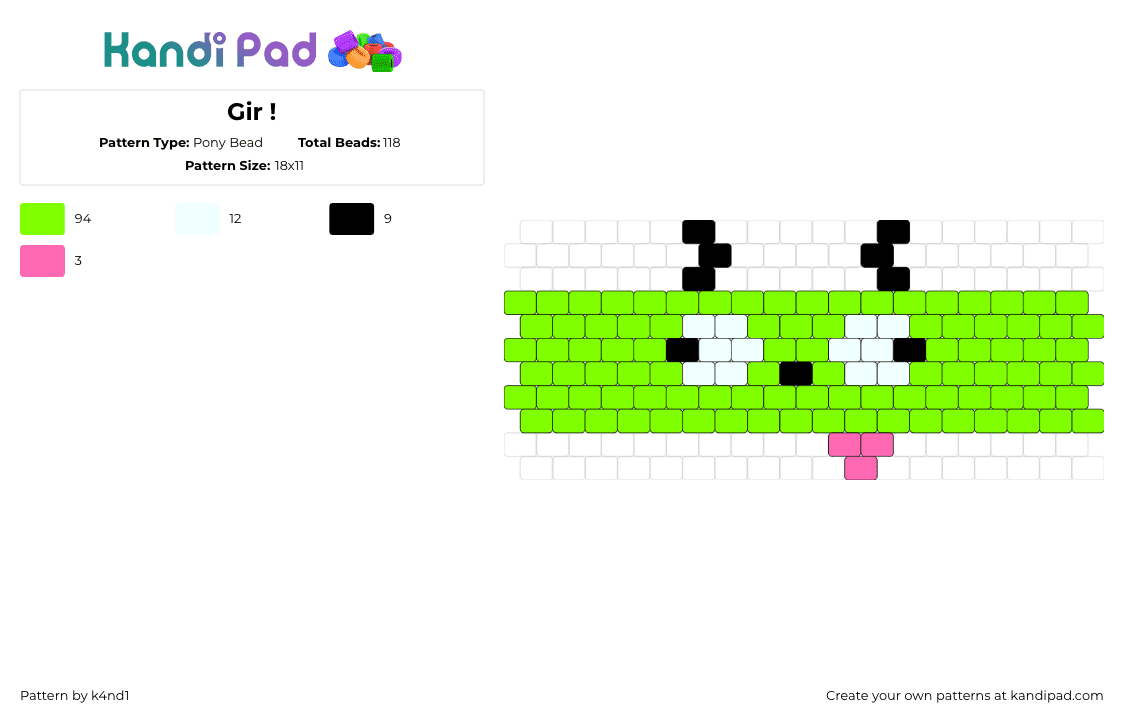 Gir ! - Pony Bead Pattern by k4nd1 on Kandi Pad - gir,invader zim,cartoon,tv show,derpy,tongue,cute,cuff,green