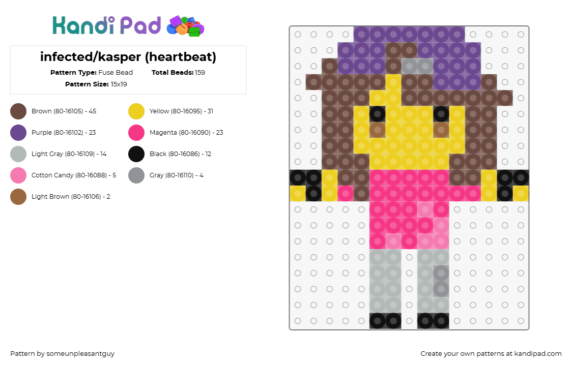 infected/kasper (heartbeat) - Fuse Bead Pattern by someunpleasantguy on Kandi Pad - infected,kasper,regretevator,roblox,character,npc,video game,pink,yellow,brown