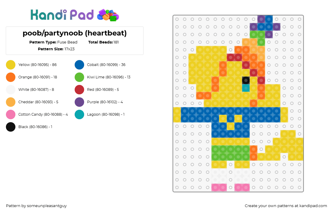 poob/partynoob (heartbeat) - Fuse Bead Pattern by someunpleasantguy on Kandi Pad - poob,party noob,regretevator,roblox,character,npc,video game,yellow,blue