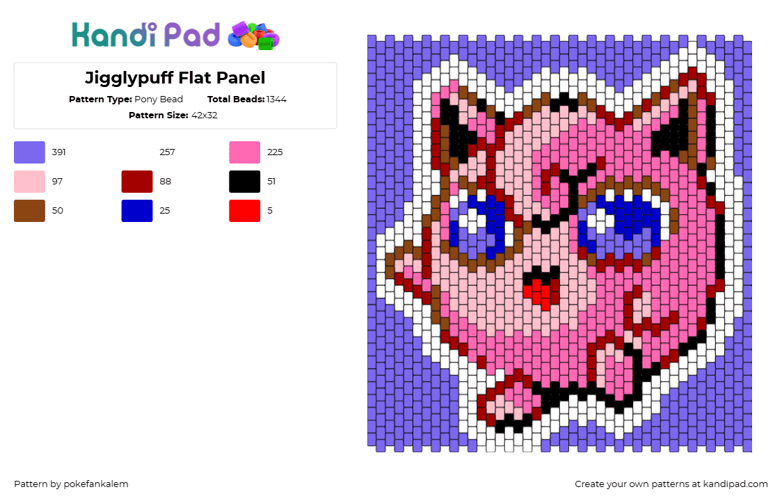 Jigglypuff Flat Panel - Pony Bead Pattern by sugarstarluxe on Kandi Pad - jigglypuff,pokemon,character,gaming,cute,panel,pink,purple