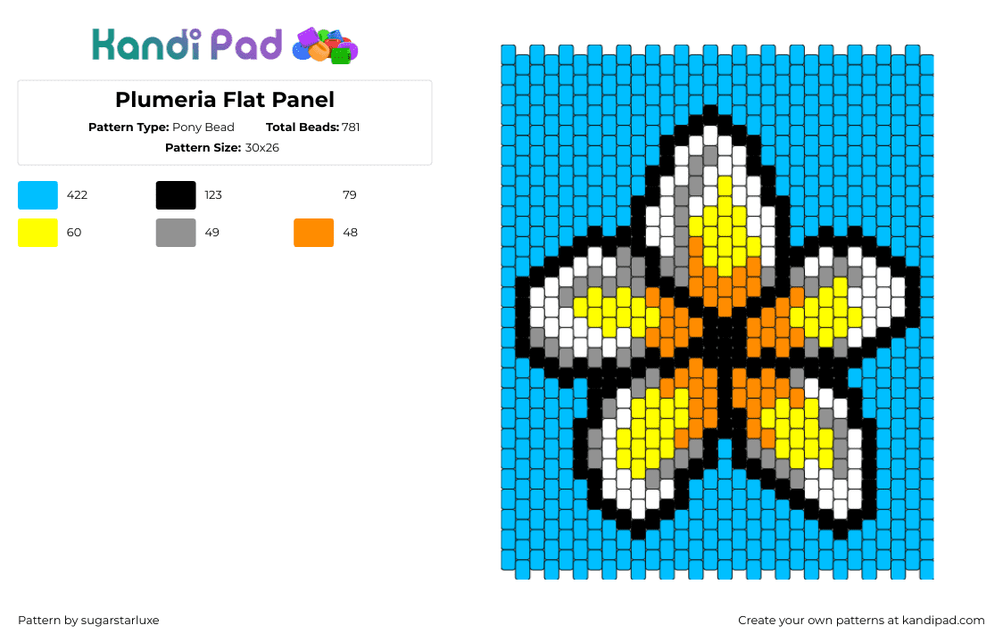 Plumeria Flat Panel - Pony Bead Pattern by sugarstarluxe on Kandi Pad - plumeria,frangipani,flower,bloom,spring,panel,nature,yellow,orange,light blue,gray