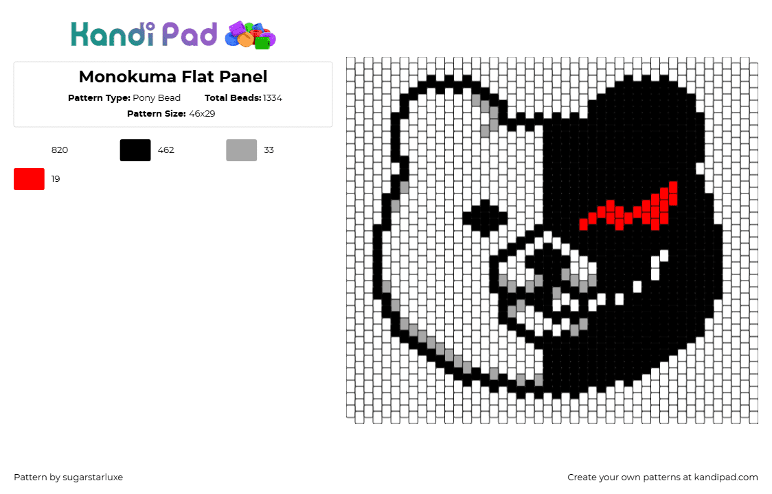 Monokuma Flat Panel - Pony Bead Pattern by sugarstarluxe on Kandi Pad - monokuma,danganronpa,bear,teddy,character,video game,black,white