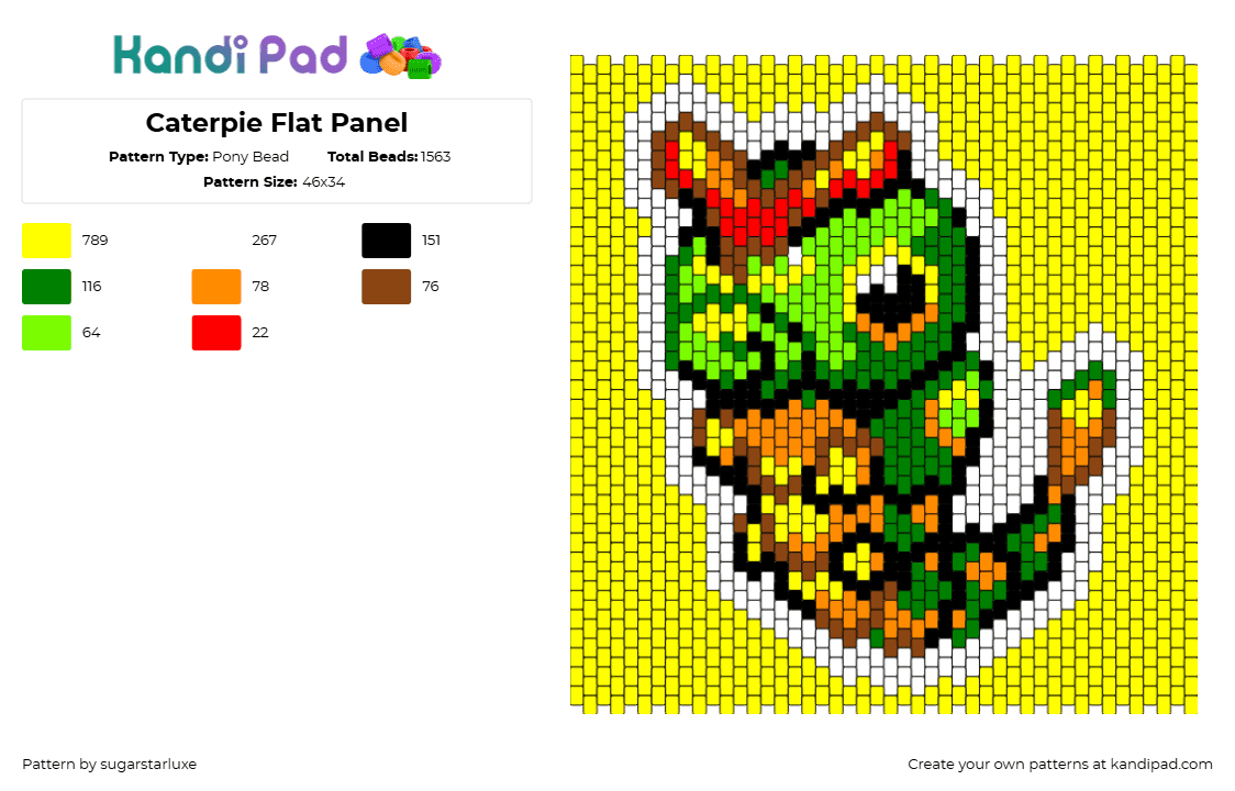 Caterpie Flat Panel - Pony Bead Pattern by sugarstarluxe on Kandi Pad - caterpie,pokemon,character,gaming,panel,caterpillar,yellow,green