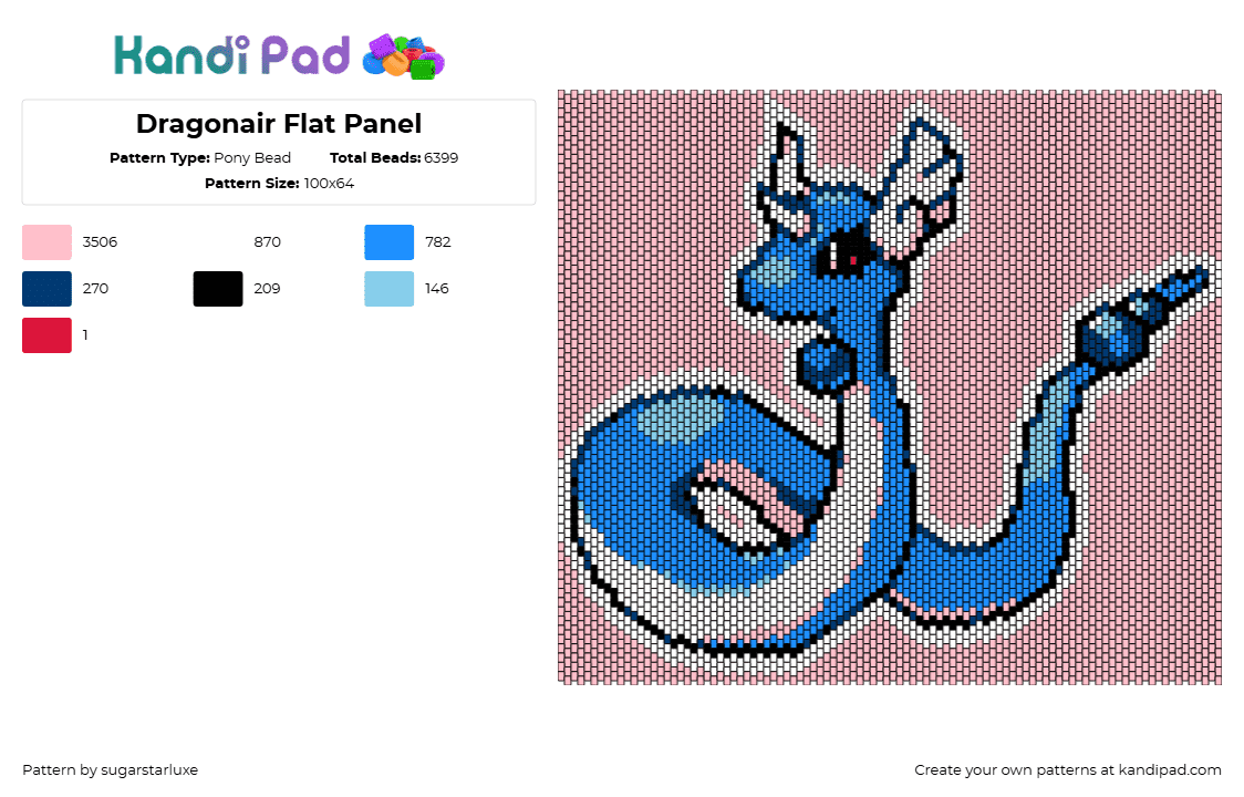 Dragonair Flat Panel - Pony Bead Pattern by sugarstarluxe on Kandi Pad - dragonair,pokemon,character,gaming,panel,blue,pink