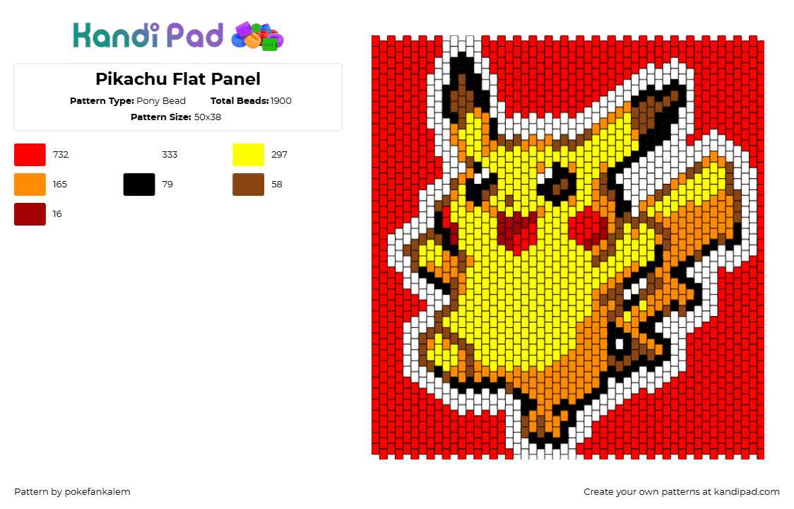 Pikachu Flat Panel - Pony Bead Pattern by sugarstarluxe on Kandi Pad - pikachu,pokemon,starter,character,gaming,yellow,red