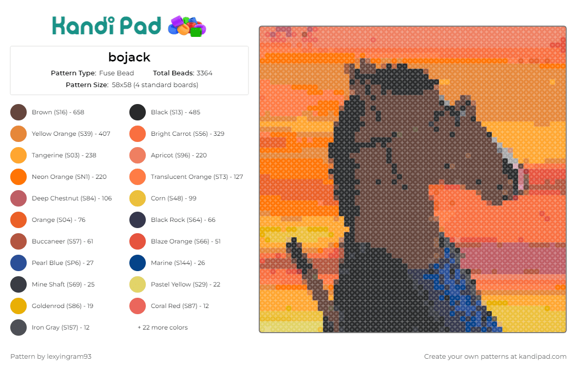 bojack - Fuse Bead Pattern by lexyingram93 on Kandi Pad - bojack horseman,horse,tv show,character,profile,brown,orange