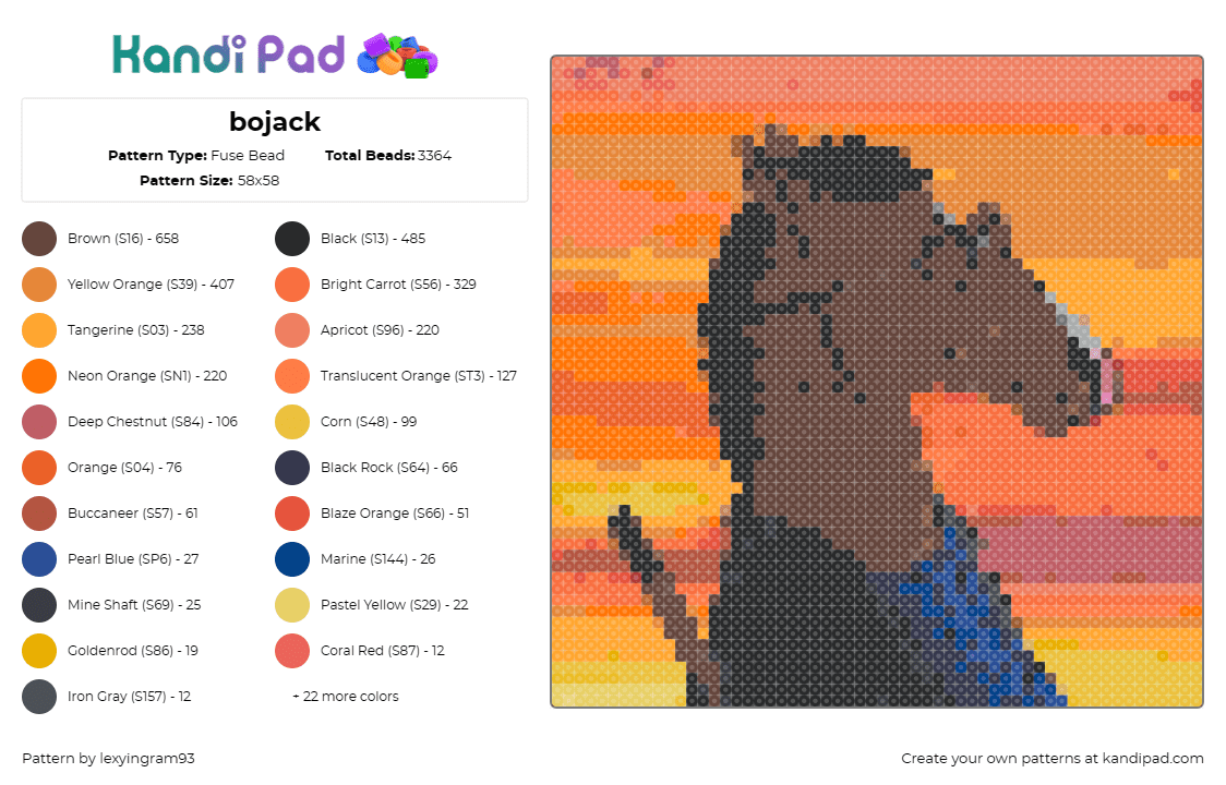 bojack - Fuse Bead Pattern by lexyingram93 on Kandi Pad - bojack horseman,horse,sunset,tv show,character,brown,orange