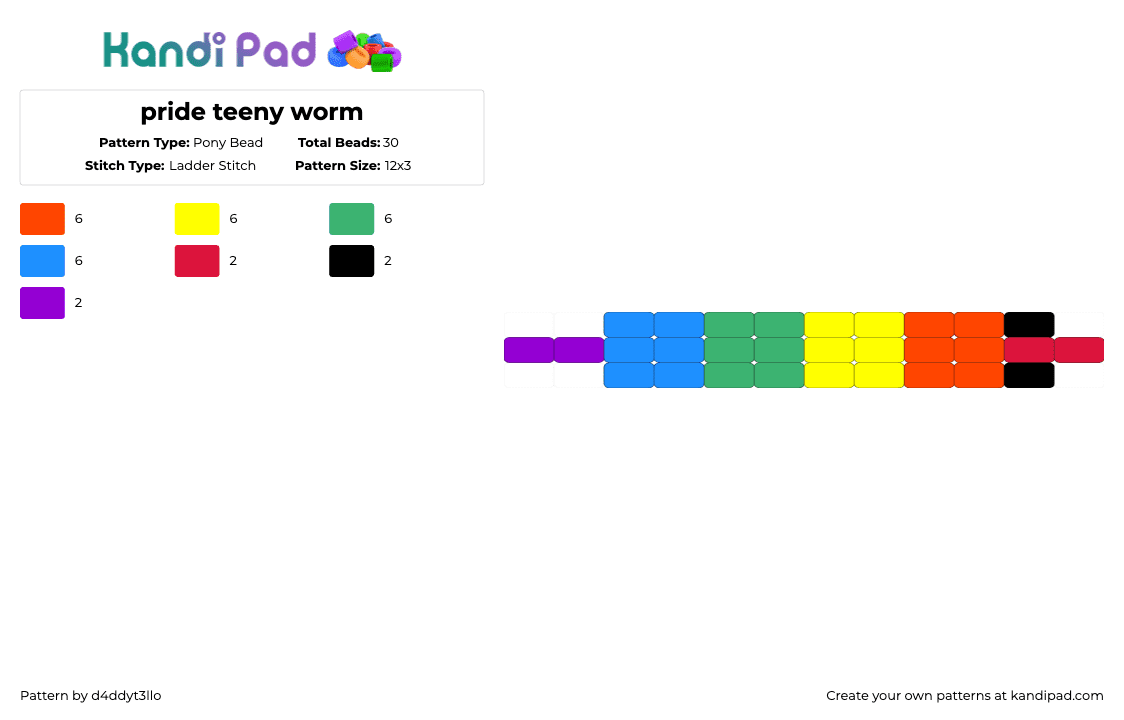 pride teeny worm - Pony Bead Pattern by m4dd1em1lo on Kandi Pad - red,yellow,green,light blue