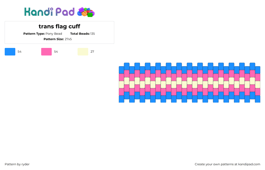 trans flag cuff - Pony Bead Pattern by ryder on Kandi Pad - trans,pride,cuff,blue,pink