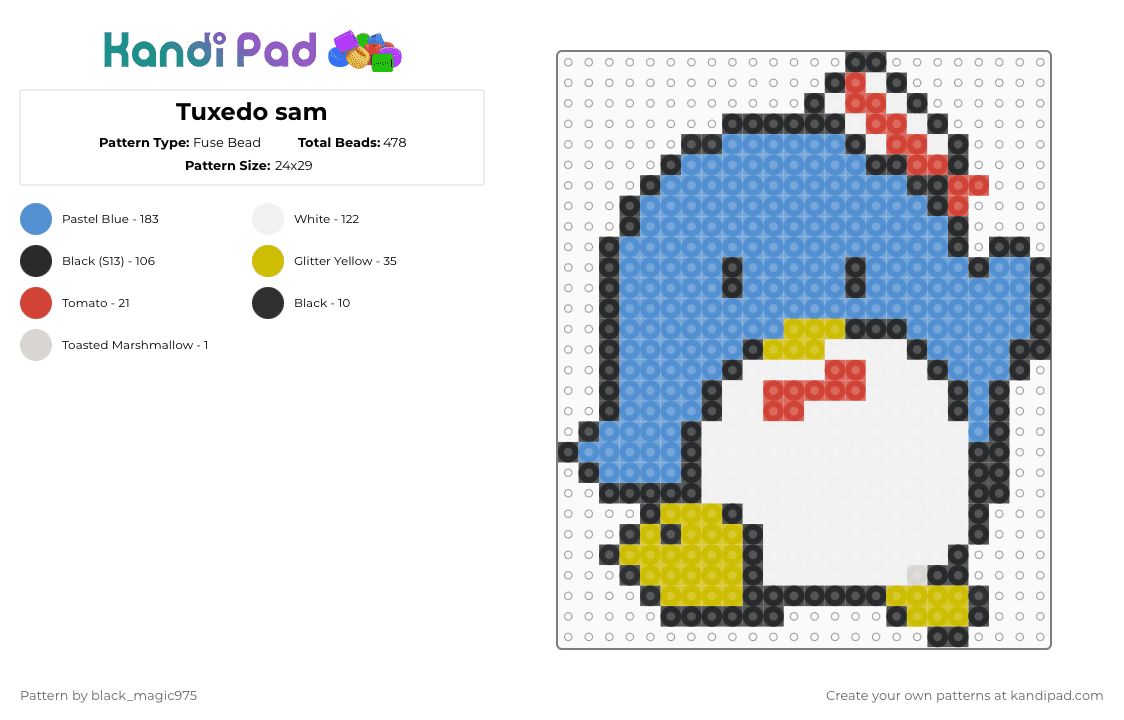 Tuxedo sam - Fuse Bead Pattern by black_magic975 on Kandi Pad - light blue,hello kitty,tuxedo sam,character