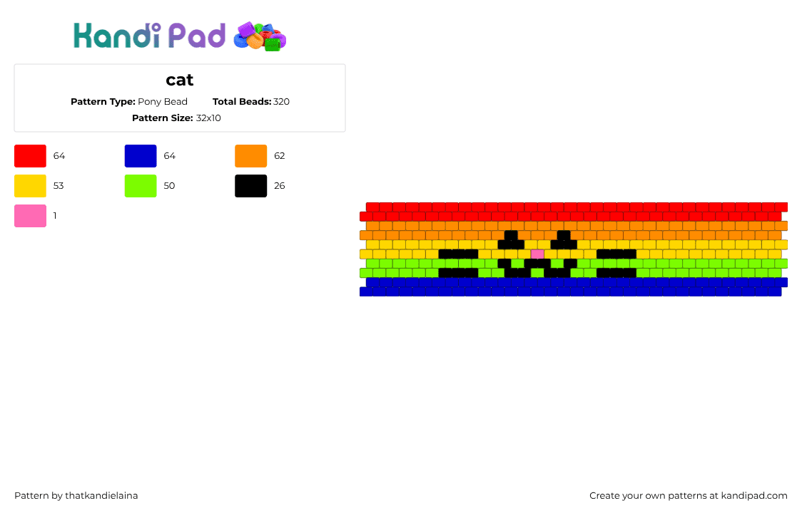 cat - Pony Bead Pattern by thatkandielaina on Kandi Pad - emoticon,rainbow,cat,cuff