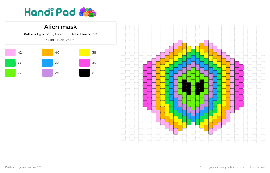 Alien mask - Pony Bead Pattern by animeowl27 on Kandi Pad - alien,colorful,mask