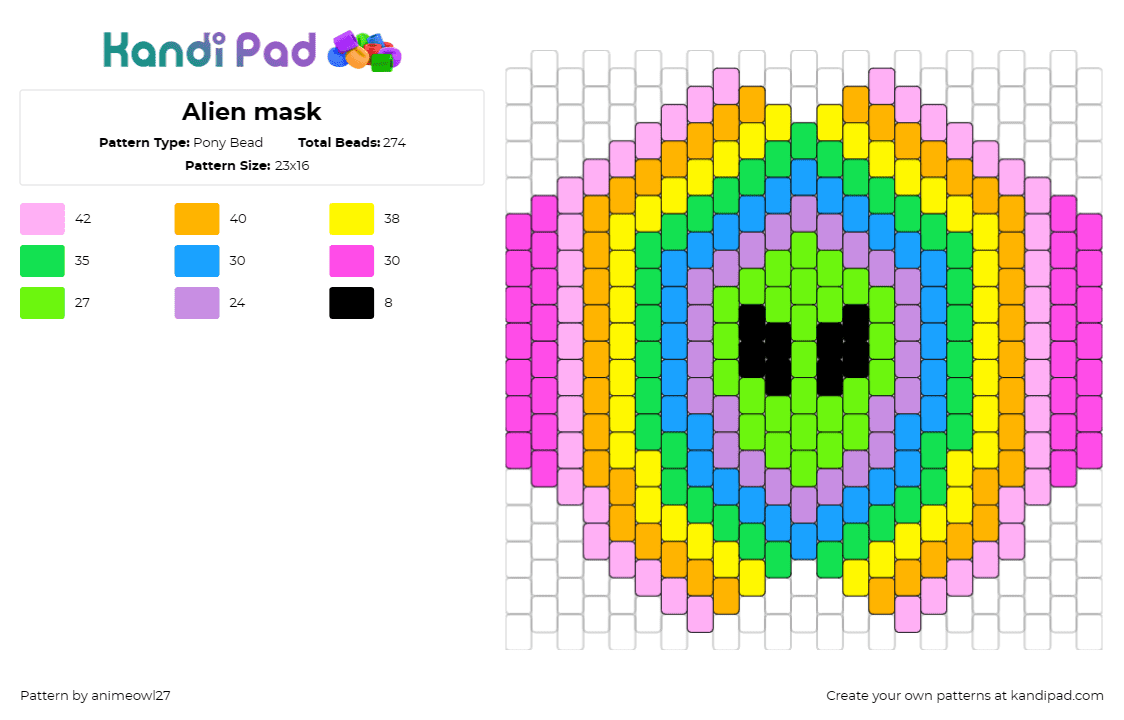 Alien mask - Pony Bead Pattern by animeowl27 on Kandi Pad - alien,geometric,bright,neon,trippy,colorful,mask,pink,green