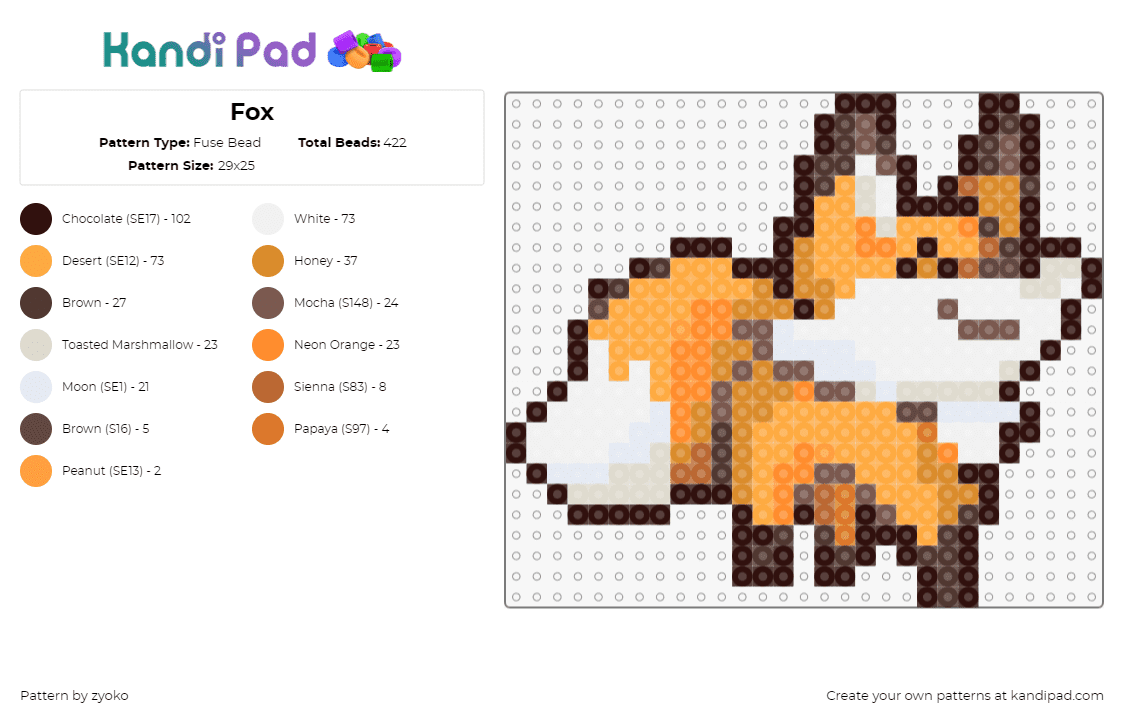 Fox - Fuse Bead Pattern by zyoko on Kandi Pad - fox,animal,cute,orange,white