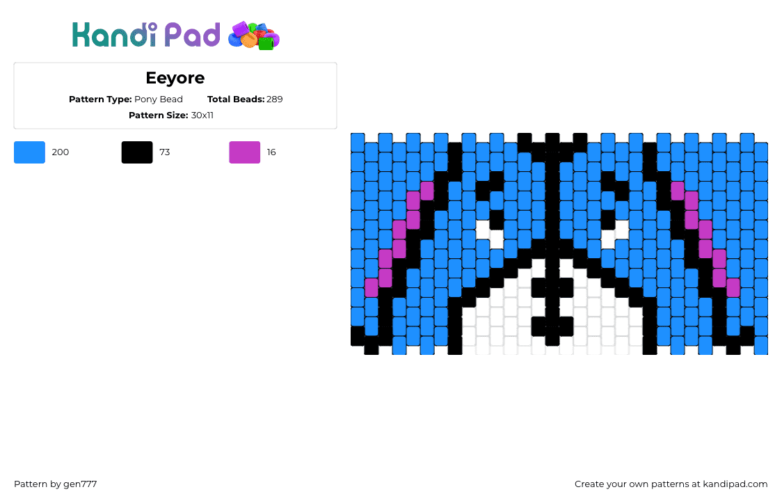 Eeyore - Pony Bead Pattern by gen777 on Kandi Pad - eeyore,winnie the pooh,character,sad,donkey,cuff,blue