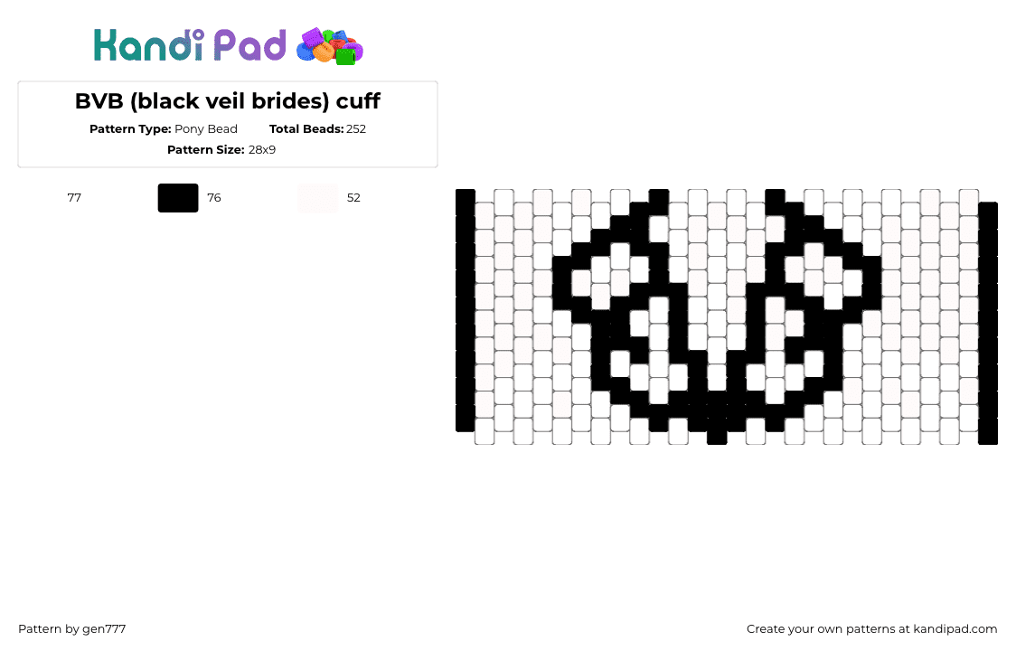 BVB (black veil brides) cuff - Pony Bead Pattern by gen777 on Kandi Pad - band, black, black veil brides, bvb, cuff, emo, logo, music, white