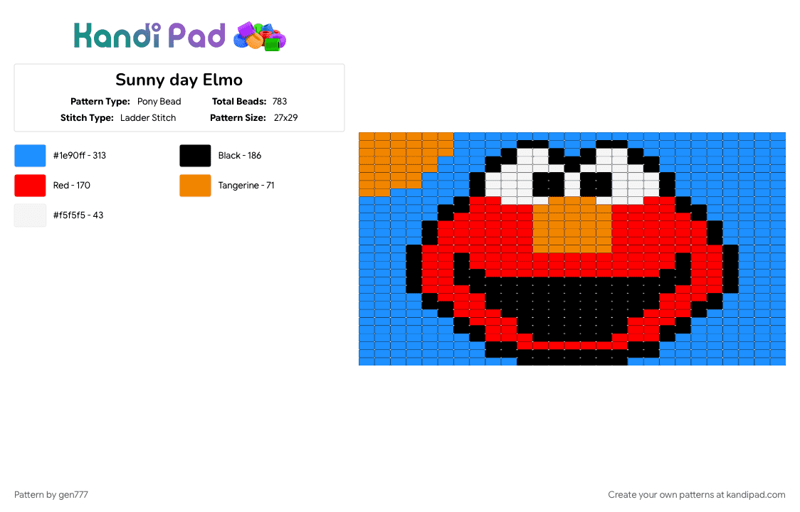 Sunny day Elmo - Pony Bead Pattern by gen777 on Kandi Pad - character, elmo, light blue, sesame street