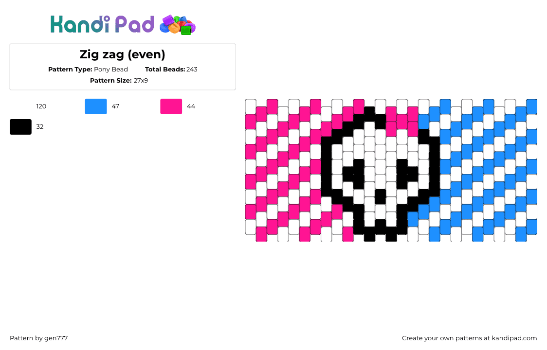 Zig zag (even) - Pony Bead Pattern by gen777 on Kandi Pad - skull,diagonal,stripes,monster high,cuff,pink,light blue,white