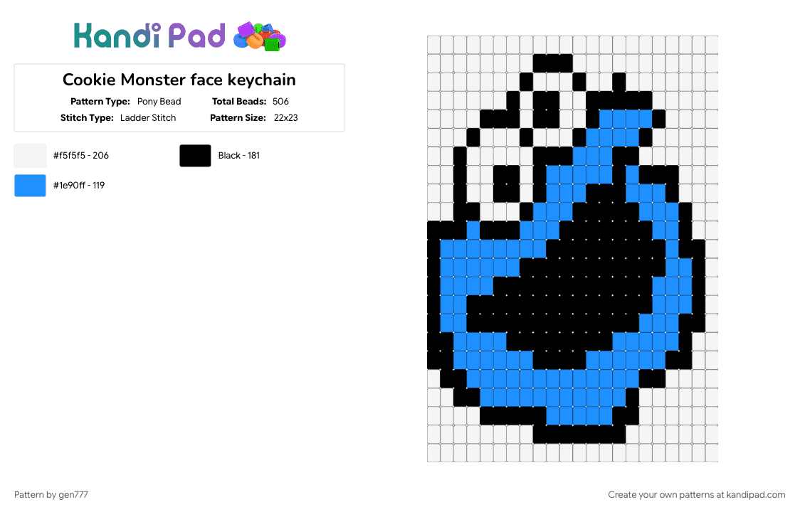 Cookie Monster face keychain - Pony Bead Pattern by gen777 on Kandi Pad - cookie monster, light blue, sesame street, white