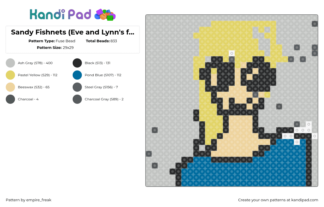 Sandy Fishnets (Eve and Lynn\'s friend) - Fuse Bead Pattern by empire_freak on Kandi Pad - sandy fishnets,evelyn evelyn,song,music,portrait,blue,tan