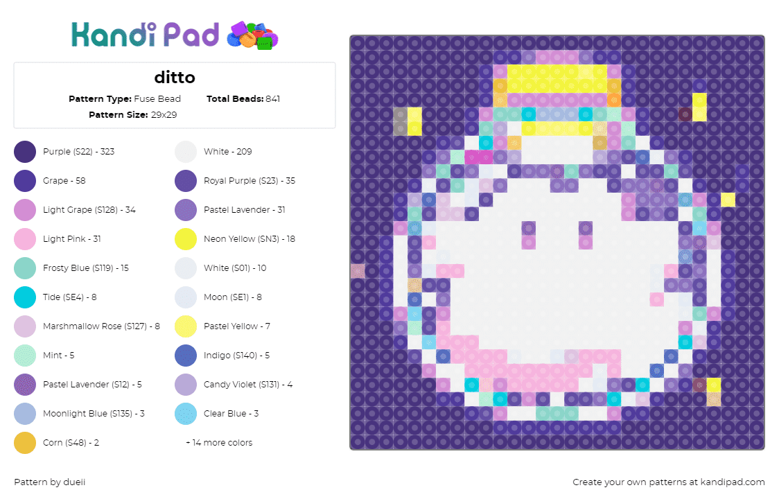 ditto - Fuse Bead Pattern by dueii on Kandi Pad - ditto,pokemon,lightbulb,character,gaming,bright,white,purple,pink