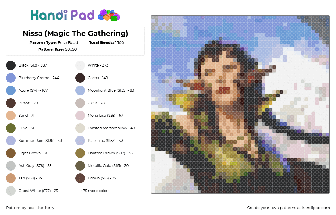 Nissa (Magic The Gathering) - Fuse Bead Pattern by noa_the_furry on Kandi Pad - nizza,mtg,magic the gathering,character,portrait,gaming,earthy,tan,green,light blue