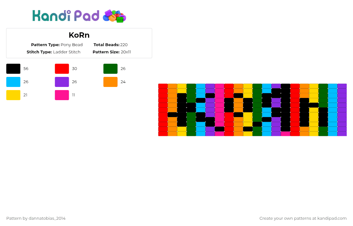 KoRn - Pony Bead Pattern by dannatobias_2014 on Kandi Pad - orange,green,purple,colorful