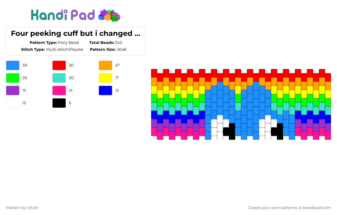 Four peeking cuff but i changed the bg a bit - Pony Bead Pattern by ol1v3r on Kandi Pad - light blue,red,purple,four,bfb,bfdi,object show,tpot,4