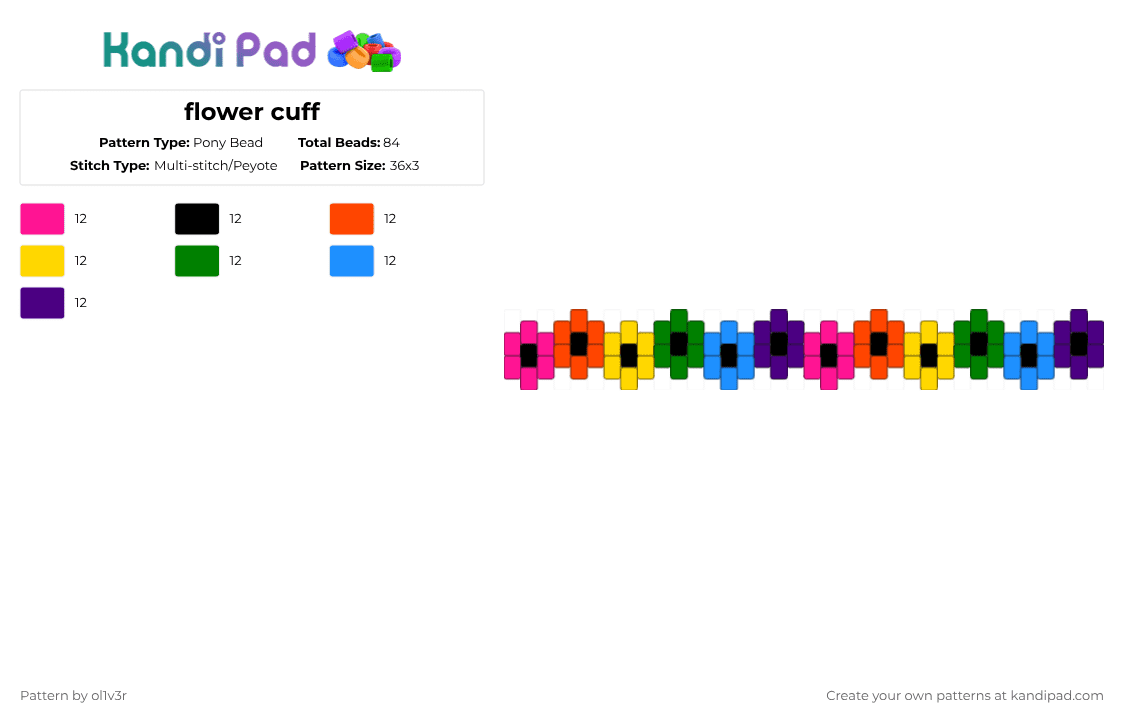 flower cuff - Pony Bead Pattern by ol1v3r on Kandi Pad - red,green,purple,colorful,flowers,rainbow