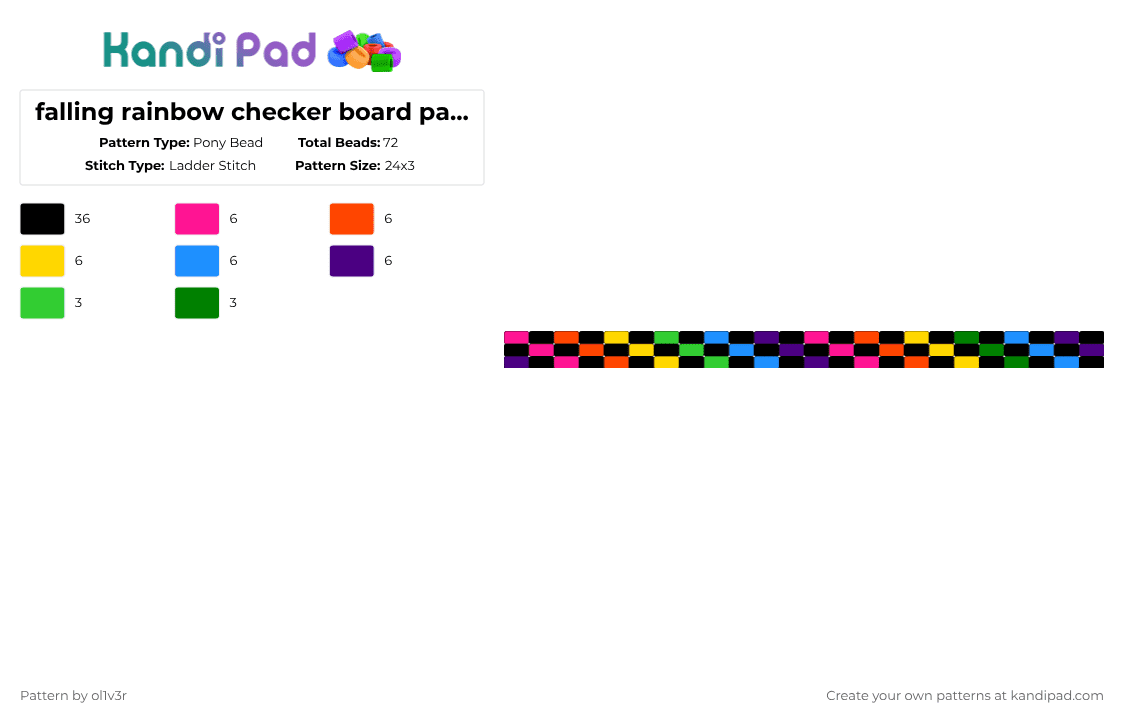 falling rainbow checker board pattern - Pony Bead Pattern by ol1v3r on Kandi Pad - black,red,green,purple,colorful,rainbow,checker board