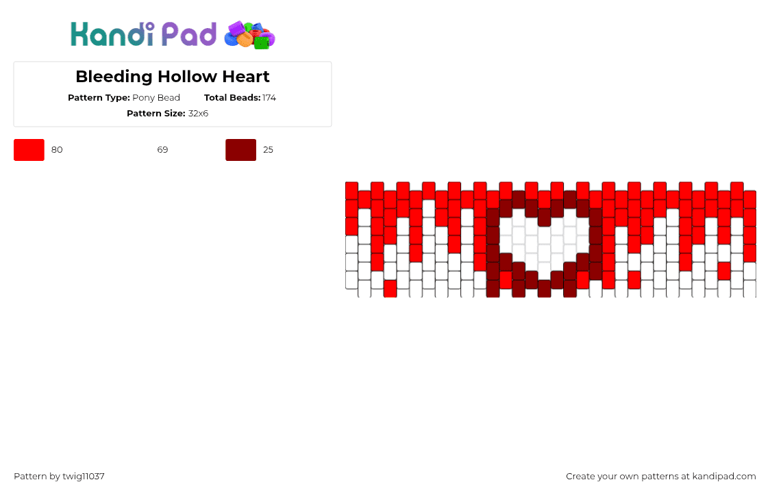 Bleeding Hollow Heart - Pony Bead Pattern by twig11037 on Kandi Pad - bloody,drippy,heart,spooky,love,halloween,cuff,red,white