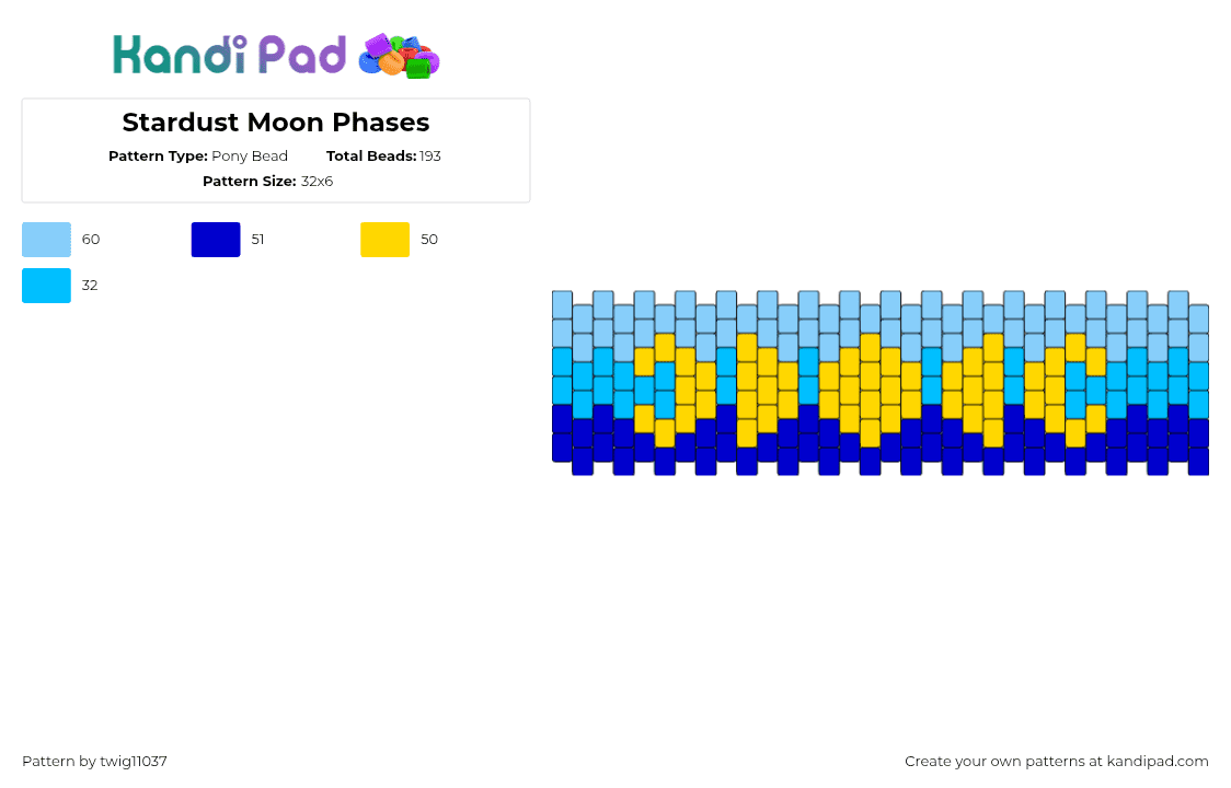 Stardust Moon Phases - Pony Bead Pattern by twig11037 on Kandi Pad - moon,phases,night,astrology,astronomy,cuff,yellow,light blue,blue